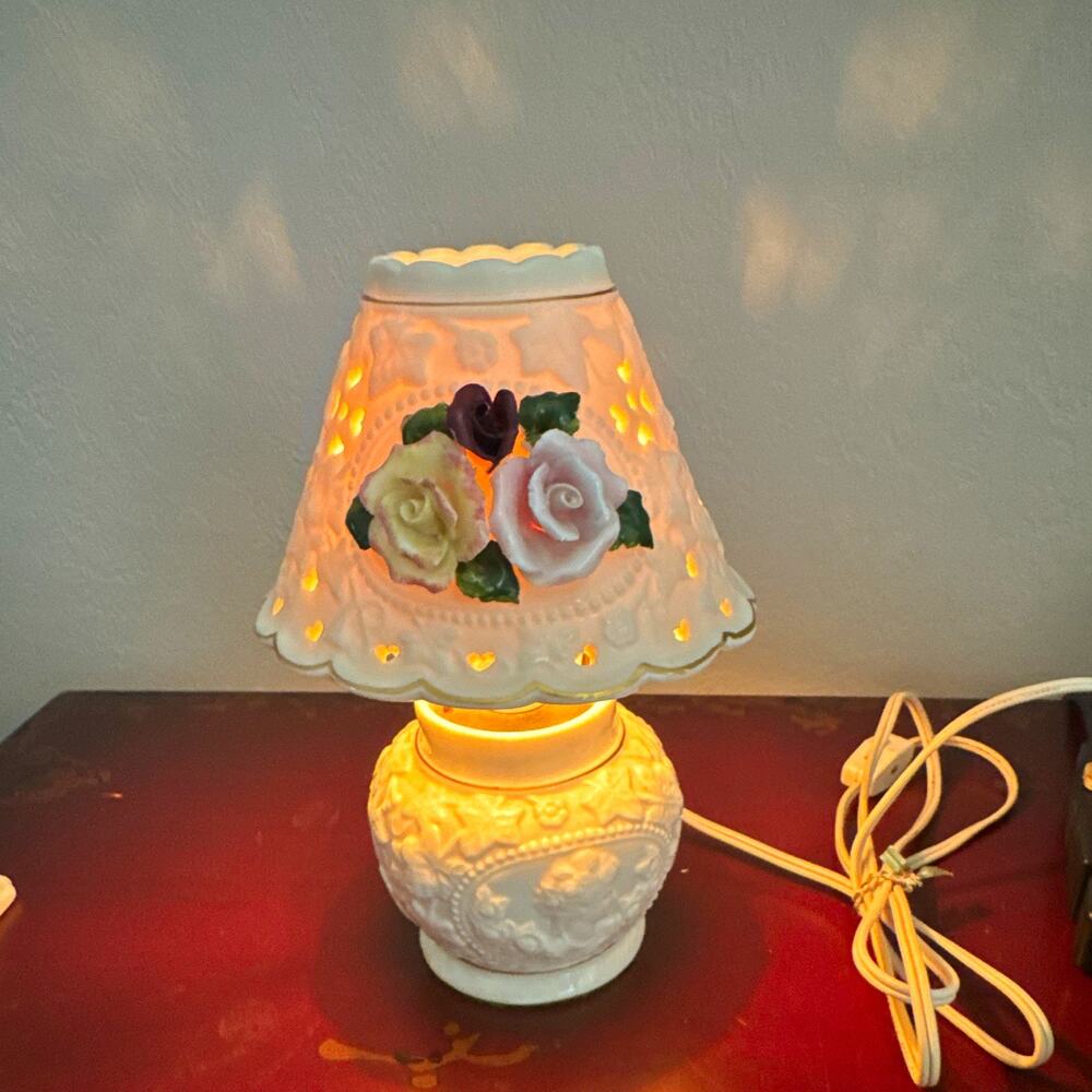 White Ceramic Floral Table Lamp, Bell Shade Included, Corded Wall Switch